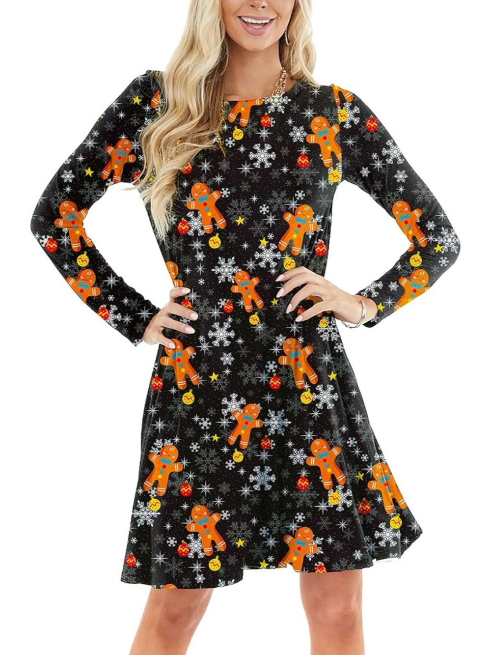 Women's Gingerbread Comfortable Long Sleeve Round Neck Xmas Holiday A Line Dress